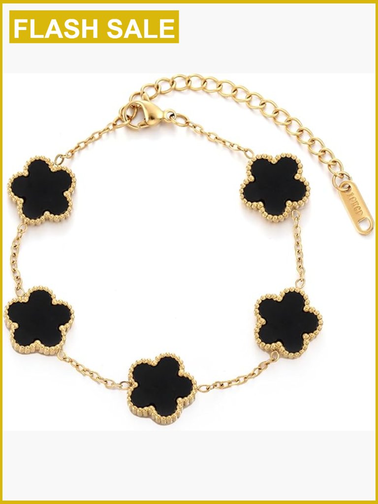 18k Gold Plated Stainless Steel Four Leaf Clover Link Charm Bracelet